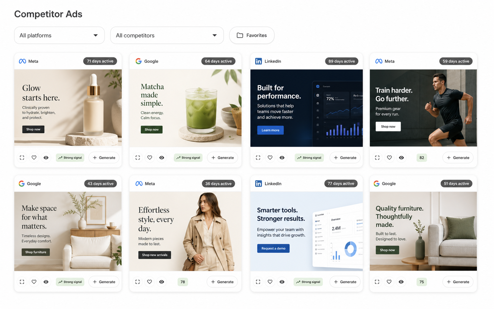 Competitor ad discovery dashboard in the Adle platform