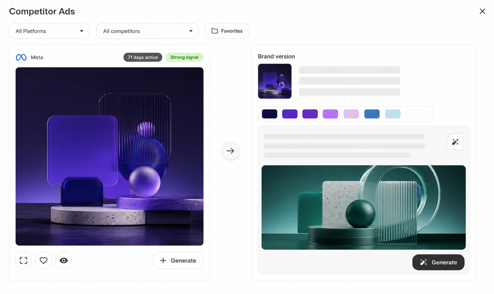 Competitor ad selected alongside an original brand variation in the Adle platform